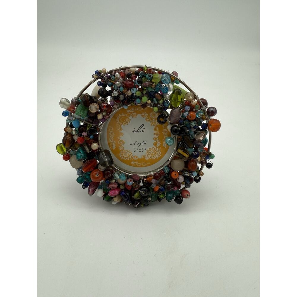 New IHI Silver-Tone Glass Bead Hand Tied Multicolor Picture Frame 3”x3” Photo